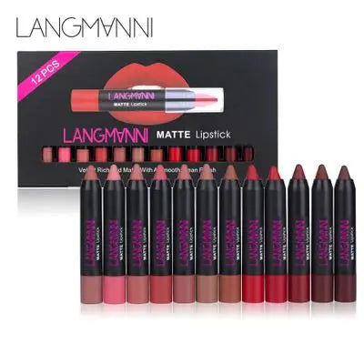 Langmanni 12-color/set Lip Stick Long Lasting Waterproof Velvet Matte Lipsticks Pen Sexy Red Non-stick Cup Makeup Lip Tint Pen