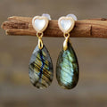 Luxury Gold Plated Natural Stones Heart Shape Shell Stud Earrings Fashion Drop Jewelry Featuring Labradorite Amethyst Amazonite