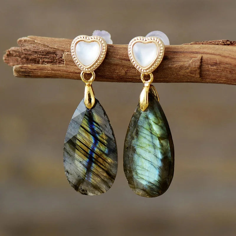 Luxury Gold Plated Natural Stones Heart Shape Shell Stud Earrings Fashion Drop Jewelry Featuring Labradorite Amethyst Amazonite