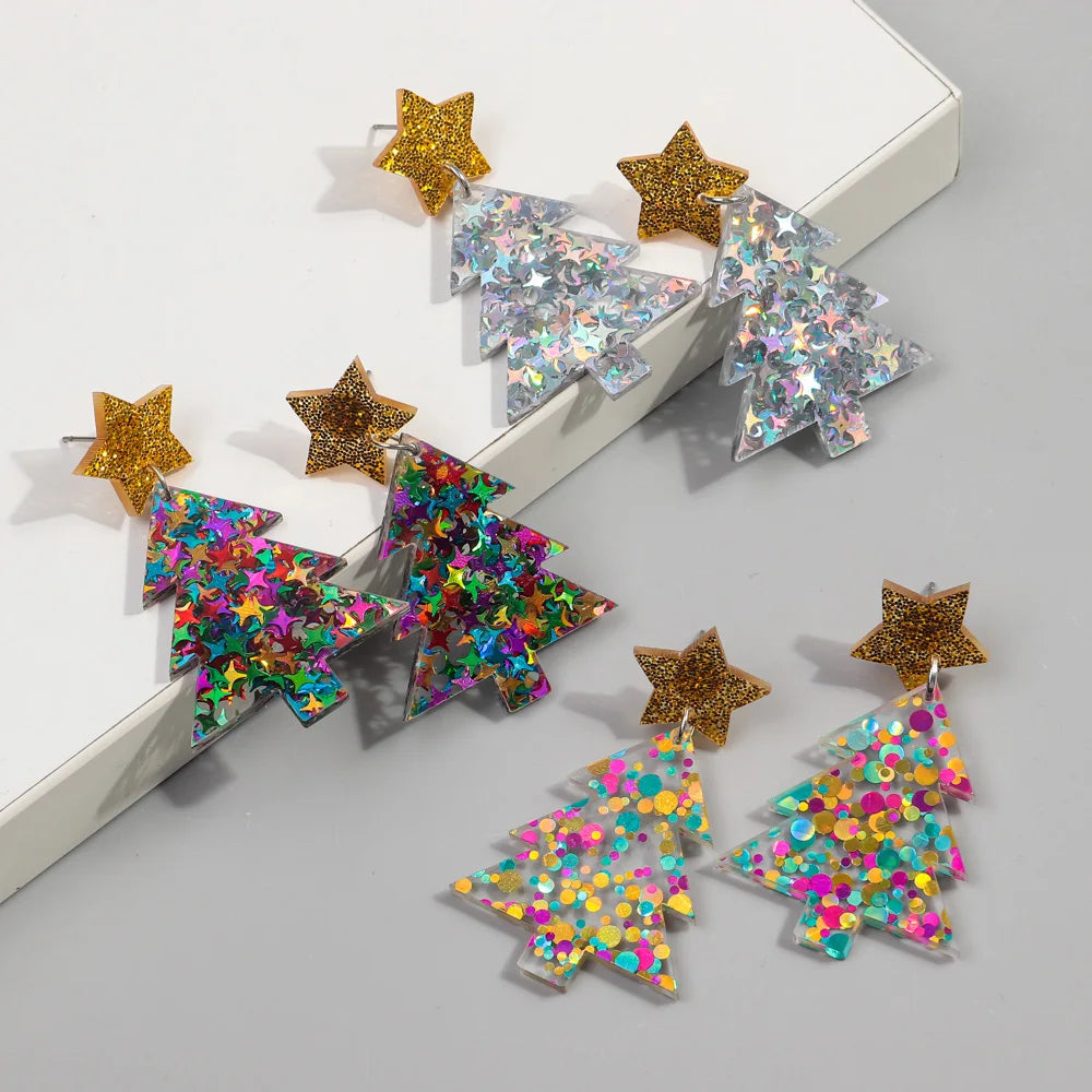 Christmas Factory Colorful Speckled Glitter Stars Moon Sequins Fantastic Christmas Tree Jewelry Student Acrylic Drop Earrings