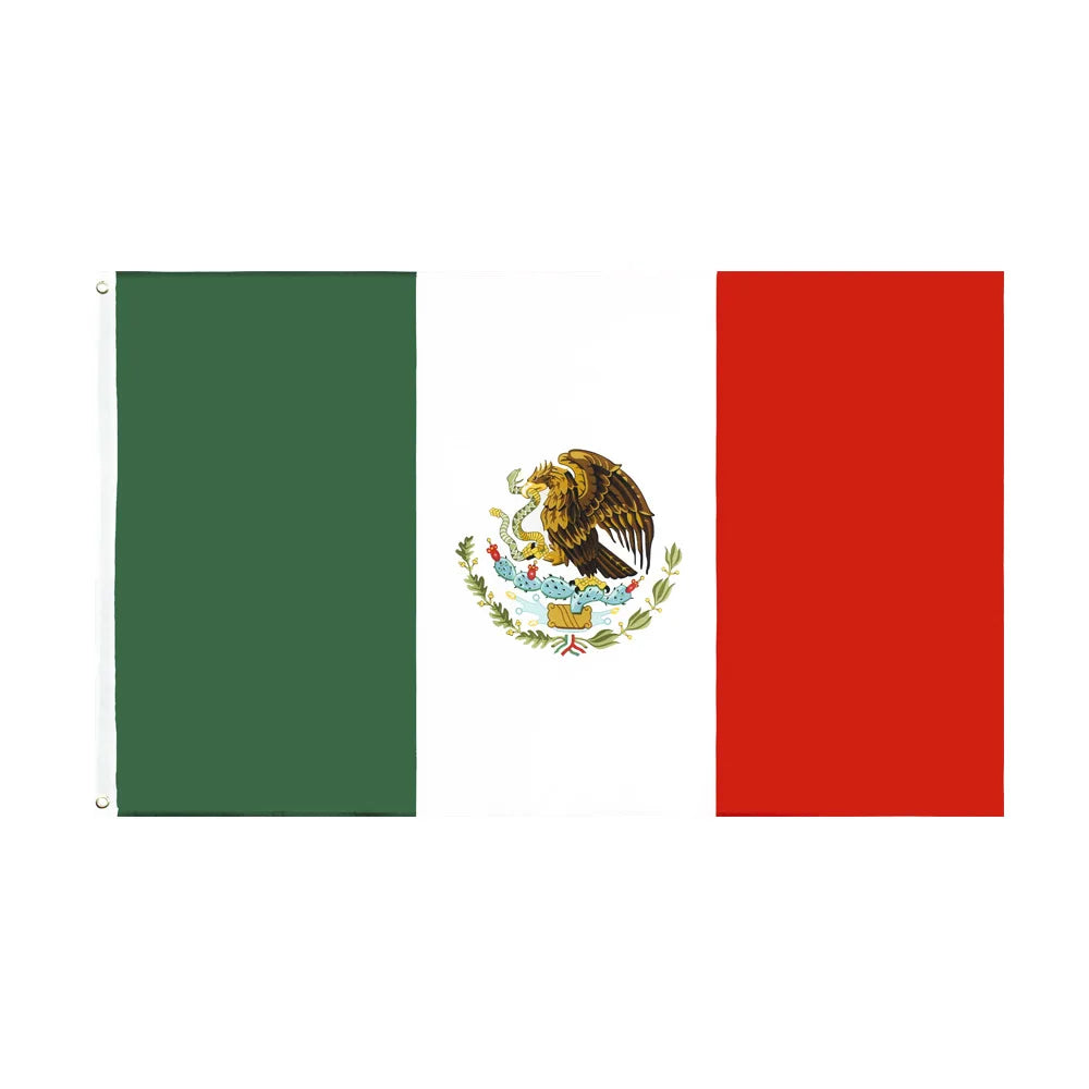 Cheap STOCK 100%Polyester 3x5 FT Mexican Flag Two Grommets Eco-Friendly Aluminum Flagpole Silk Screen Printed Flying/Hanging