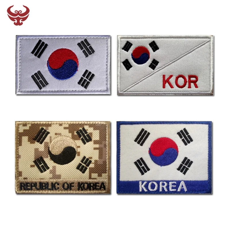 Customizable Korean Flag Patch Embroidery Hook Loop Tag Metal Cotton Armband Badge Sequins Clothes Shirts Garments Uniforms