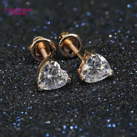 Cadermay 14K Rose Gold Moissanite Ear Studs 5mmx2 Heart Shape Moissanite Diamond Earrings Trendy Engagement Earrings Jewelry