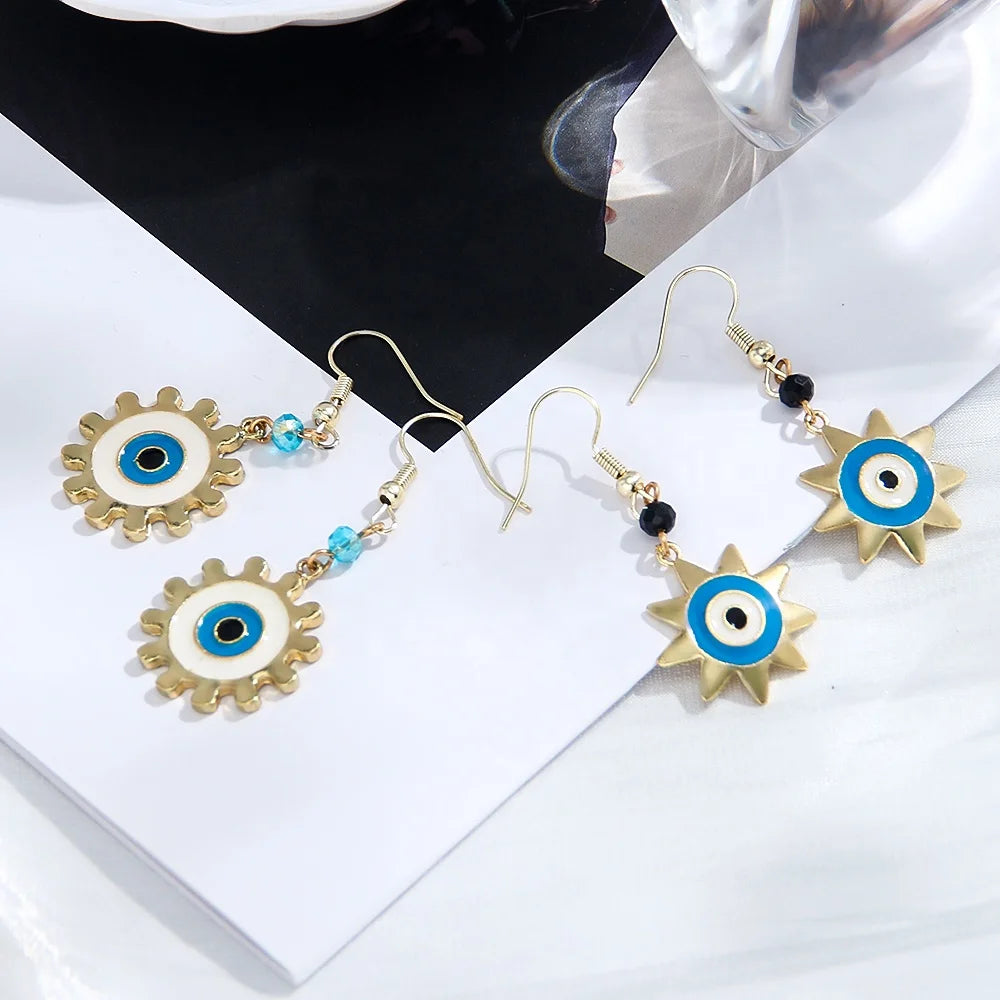 New Style of High-end Fashion and Simple Design Earrings Blue Oil-dripping Lucky Eye Sun Pendant Earrings