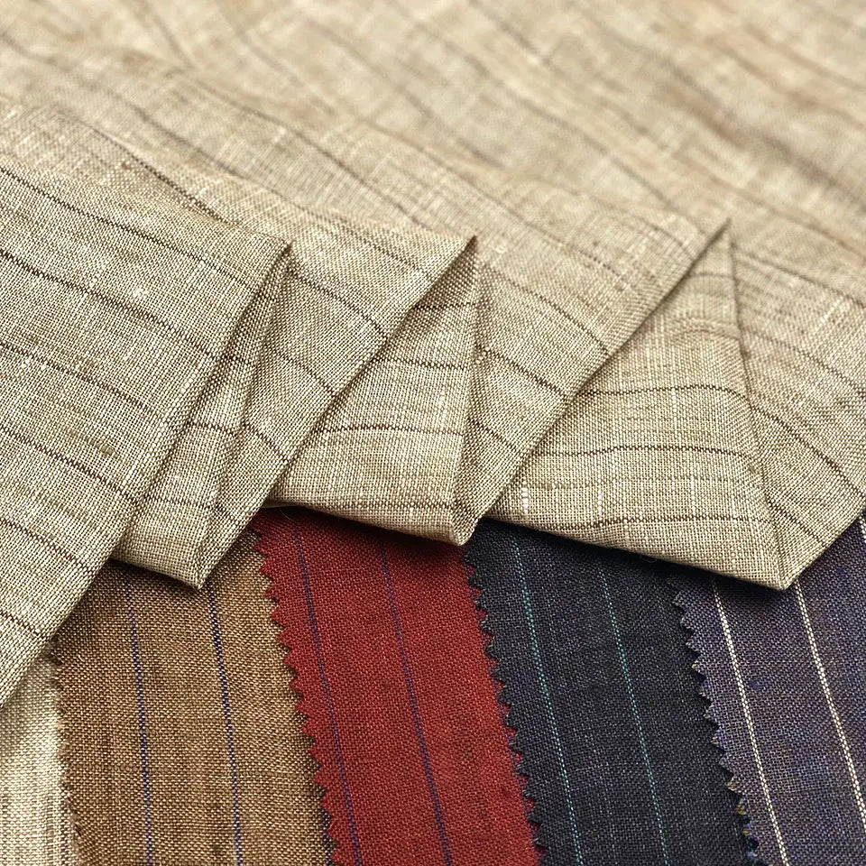 130gsm Weight 14s Indian Men Yarn Dyed Stripe Bamboo Style Canvas Thin Gingham Greige Linen Fabric for Jacket Clothes