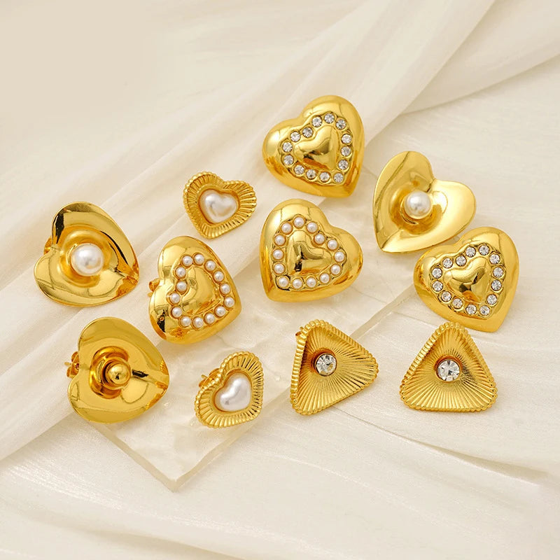 HB0695 Stainless Steel Heart Stud Earrings 18K Gold Plated Pearl CZ Elegant Noble Hypoallergenic Earrings for Women