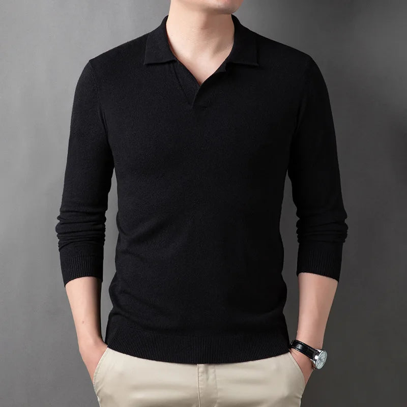 High-End Men's Long Sleeve Fashionable Knitted Spring Autumn Leisure Sweater with Collar Base Front Logo