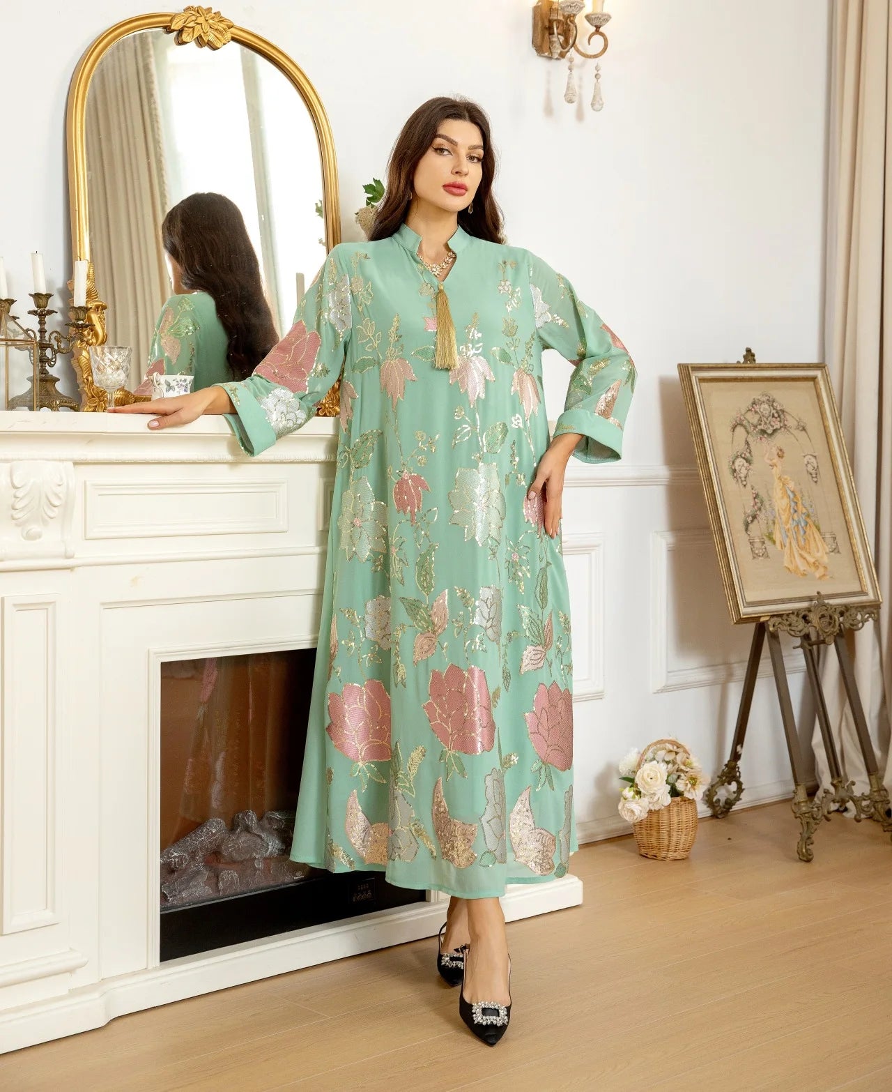 AB349 Modest Middle East Floral Dress Office Wear Muslim  Abaya Robe Islamic Women's Maxi Dress