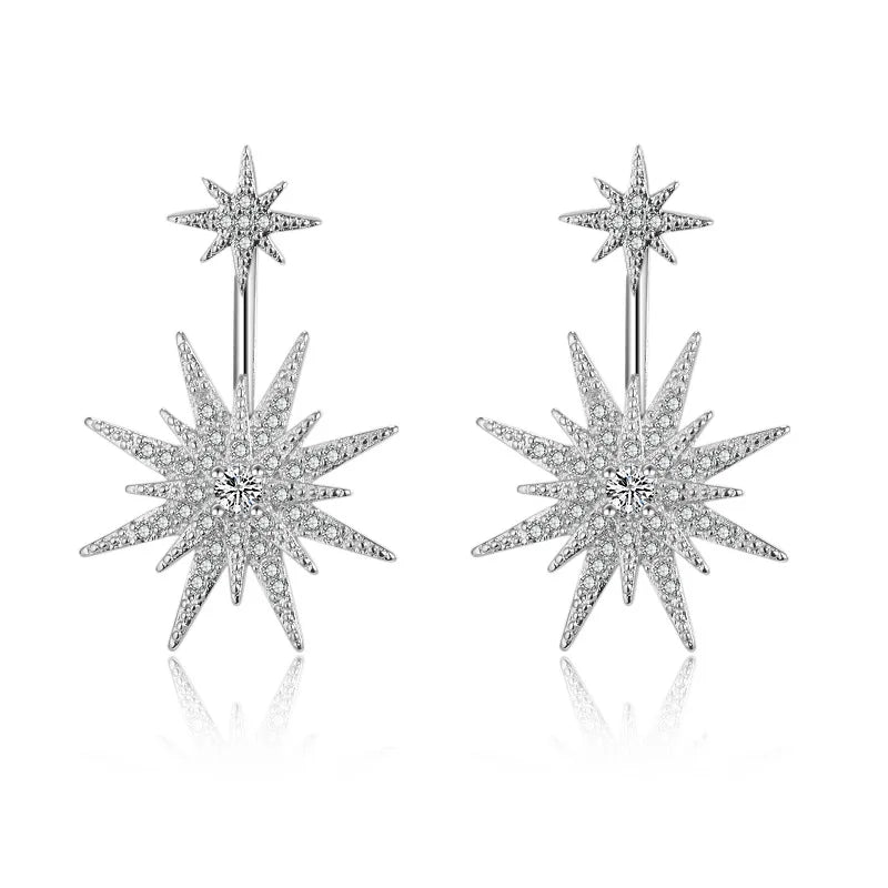 Chic Korean Double Star Zircon Drop Earrings for Women Elegant Crystal Silver Color Dangle Party Earrings Jewelry Gift