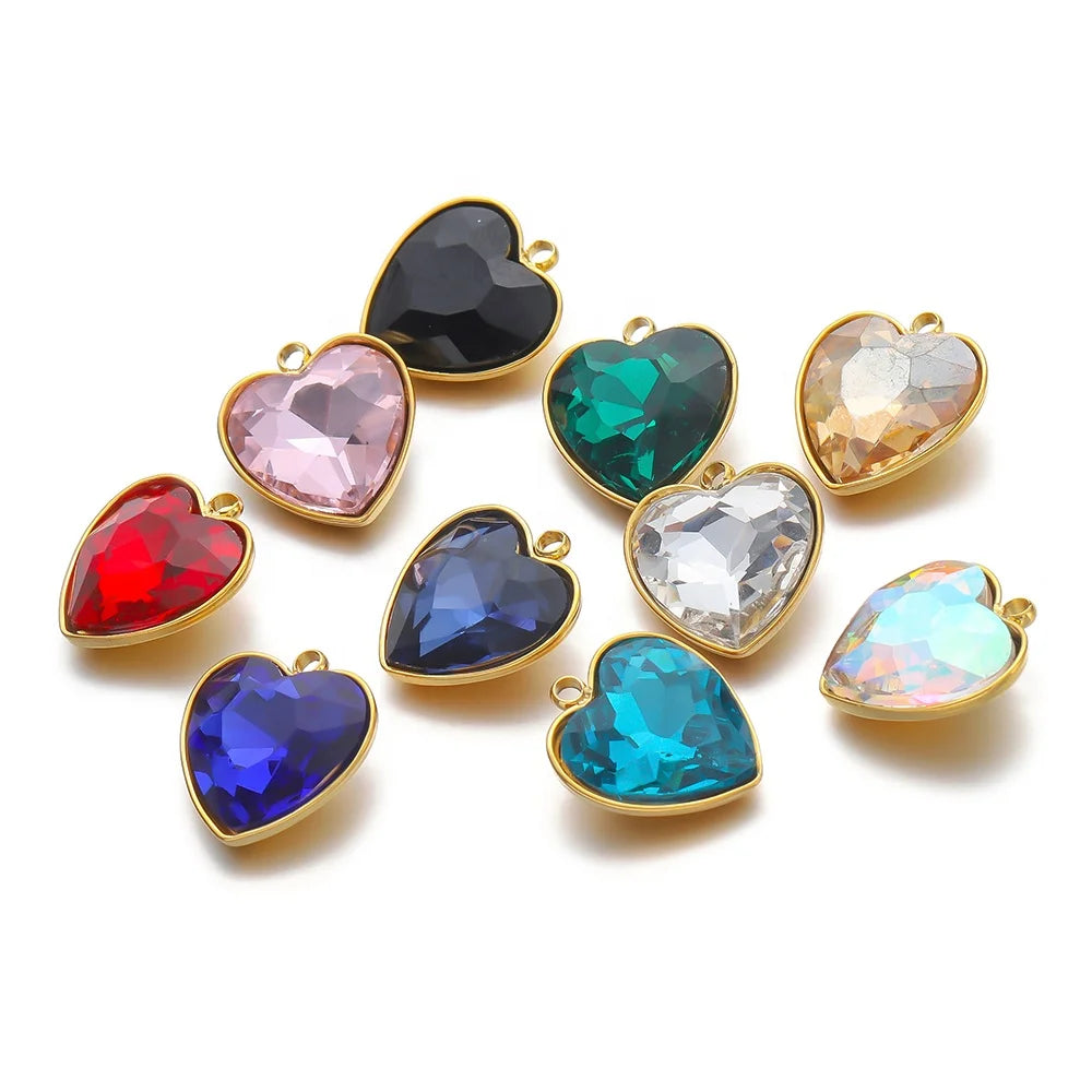 5pcs Stainless Steel 13*15mm Heart Crystal Stone Zircon Charm Pendants for DIY Jewelry Making Bracelet Necklace Findings Supplie