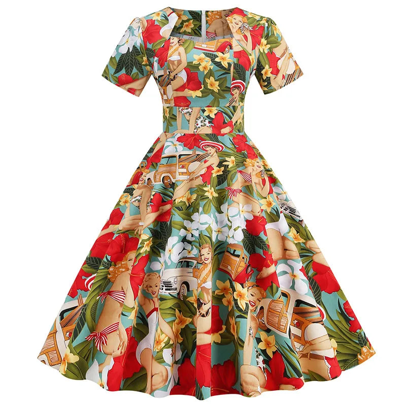 Wholesale Cotton Vintage Print Dress 2022 Latest Design Short Sleeved Swing Rockabilly Party Retro Dress
