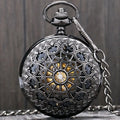 Black Metal Hollow Hand Wind Mechanical Pocket Watch Steampunk Watches Men 30cm Chain Gift P806C