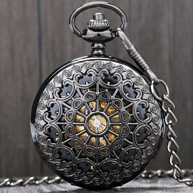 Black Metal Hollow Hand Wind Mechanical Pocket Watch Steampunk Watches Men 30cm Chain Gift P806C