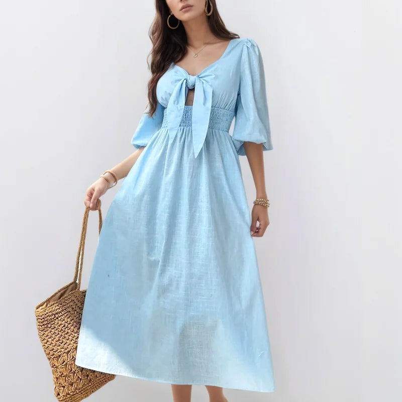 Women's Summer Woven Cotton Short Sleeve Dress Solid Color Ruched Waist Beach Resort Outfit Lightweight Breathable