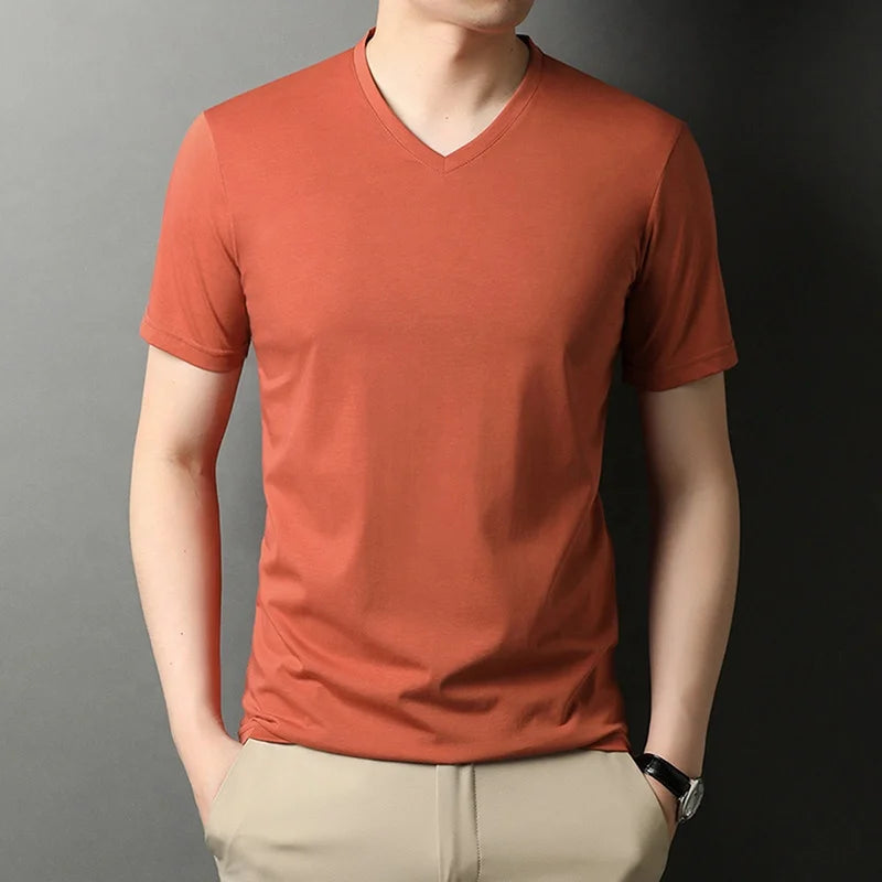 Top Grade Mercerized Cotton New Brand Summer Mens V-neck Collar T-shirt Short Sleeve Casual Tops Fashions Fashion Clothing