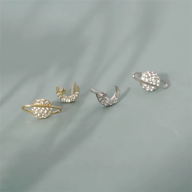 SP Hot Summer Fashion Style Asymmetric Galaxy Celestial Body Stud Earrings S925 Sterling Silver Made Moon Earrings