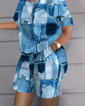 S-3XL Spring/Summer Fashion Positioning Printing Short Sleeve Top Pocket Shorts 2-Piece Set
