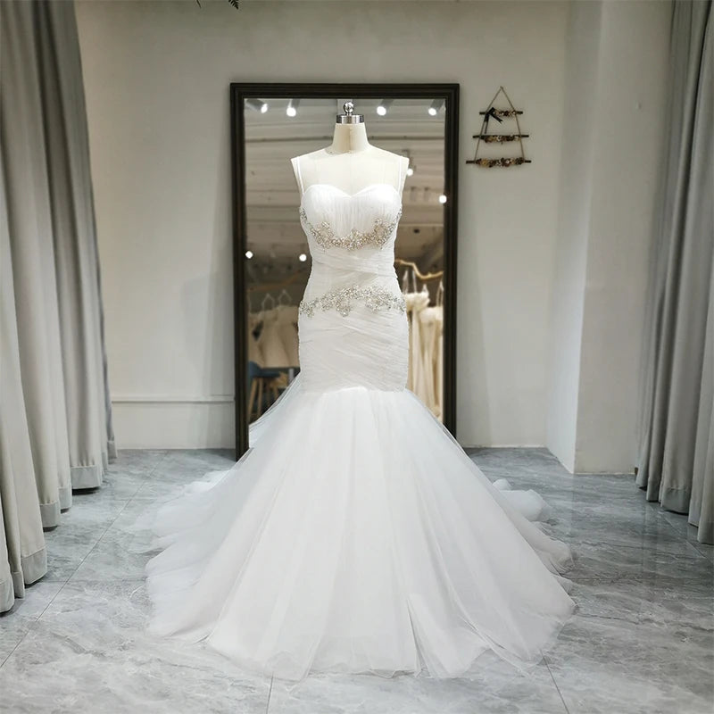 Jancember Qw01578 Princess Mermaid Spaghetti Strap Sweetheart Crystal Ruched Wedding Dresses