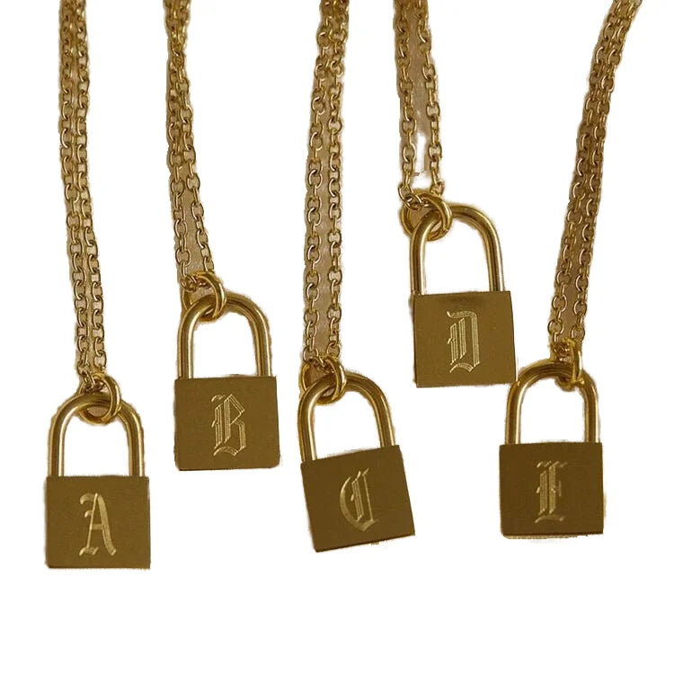 Minimalist 18K Gold Plated Stainless Steel Padlock Necklace Old English 26 Initial Letter Lock Pendant for Gift
