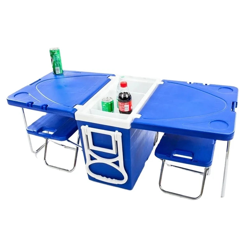 Multifunctional 28L Outdoor Plastic Table Cooler Box Ice Chest with Wheels Chairs Trolley for Picnic