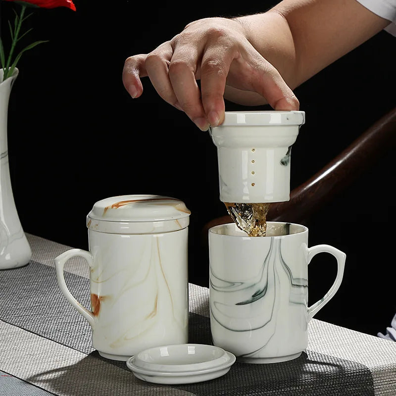 350ml Creative Ceramic Marble Pattern Tea Mug with Infuser Lid Coffee Cup Simple Couple Office Mug