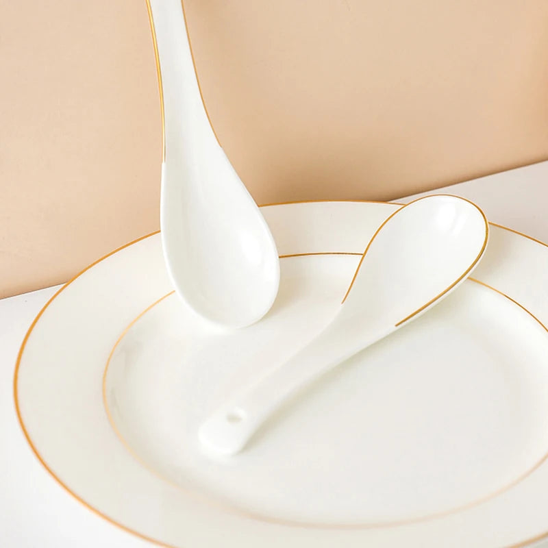 Bulk Customizable Kitchen Utensil Ceramic Bone China Chinese Serving Spoon Gold Rim Japanese Style Soup Spoon for Restaurant