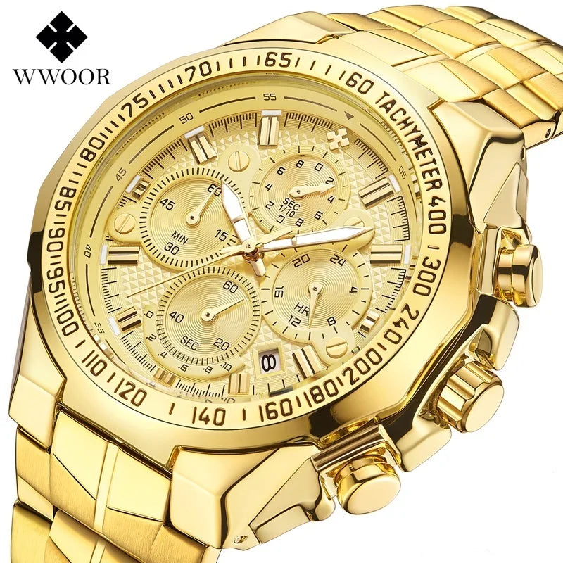 WWOOR 8868 Fashion Sport Chronograph Watch for Man Luxury Gold Stainless Steel Waterproof Watches Men Wrist Reloj Hombre