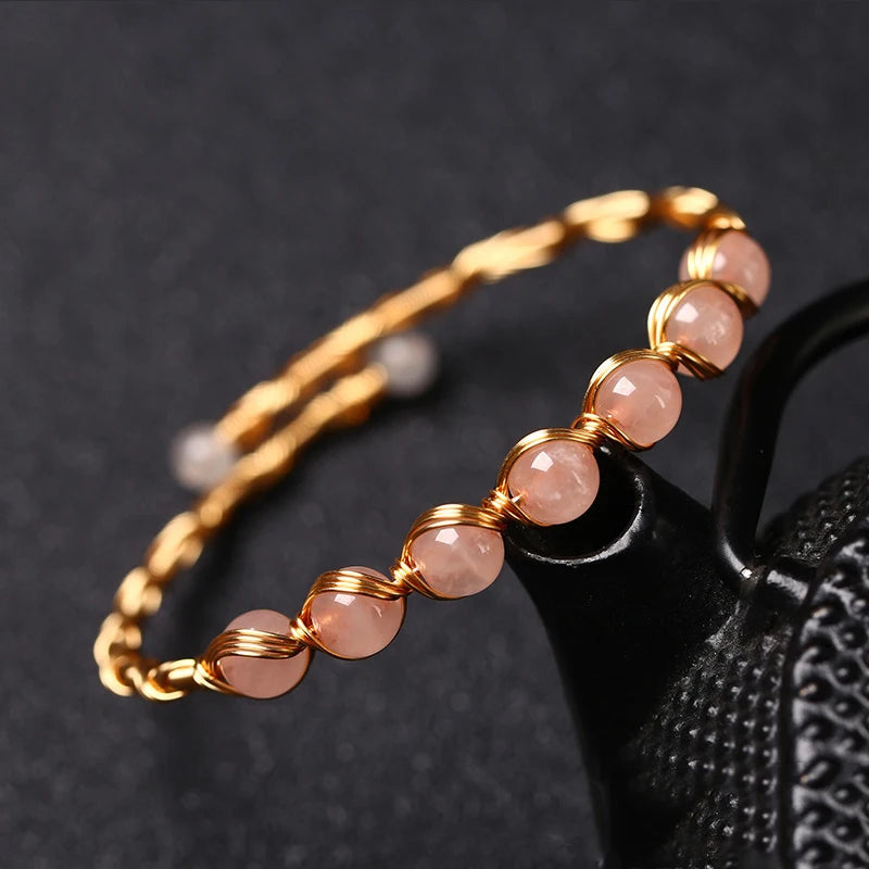 Rose Quartz Adjustable 14K Gold Plated Crystal Wire Wrapped Healing Gemstone Beads Cuff Bangle Women 7 Chakra Jewelry