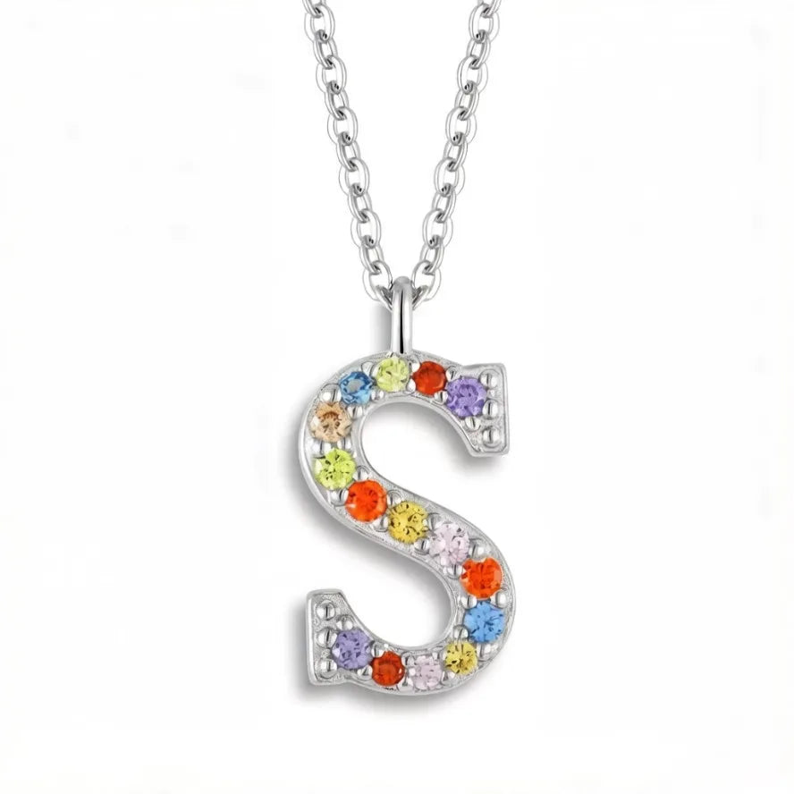 Personalized 925 Sterling Silver Colorful CZ Stones Initial Letter S Pendant Alphabet Necklace for Women