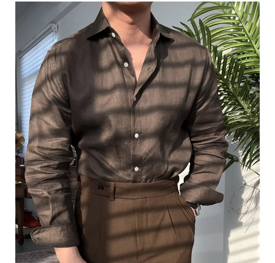 Spring and Summer Men's Italian Casual 100% Linen Solid Color Breathable Long-sleeved Shirt Temperament Shirt for Men