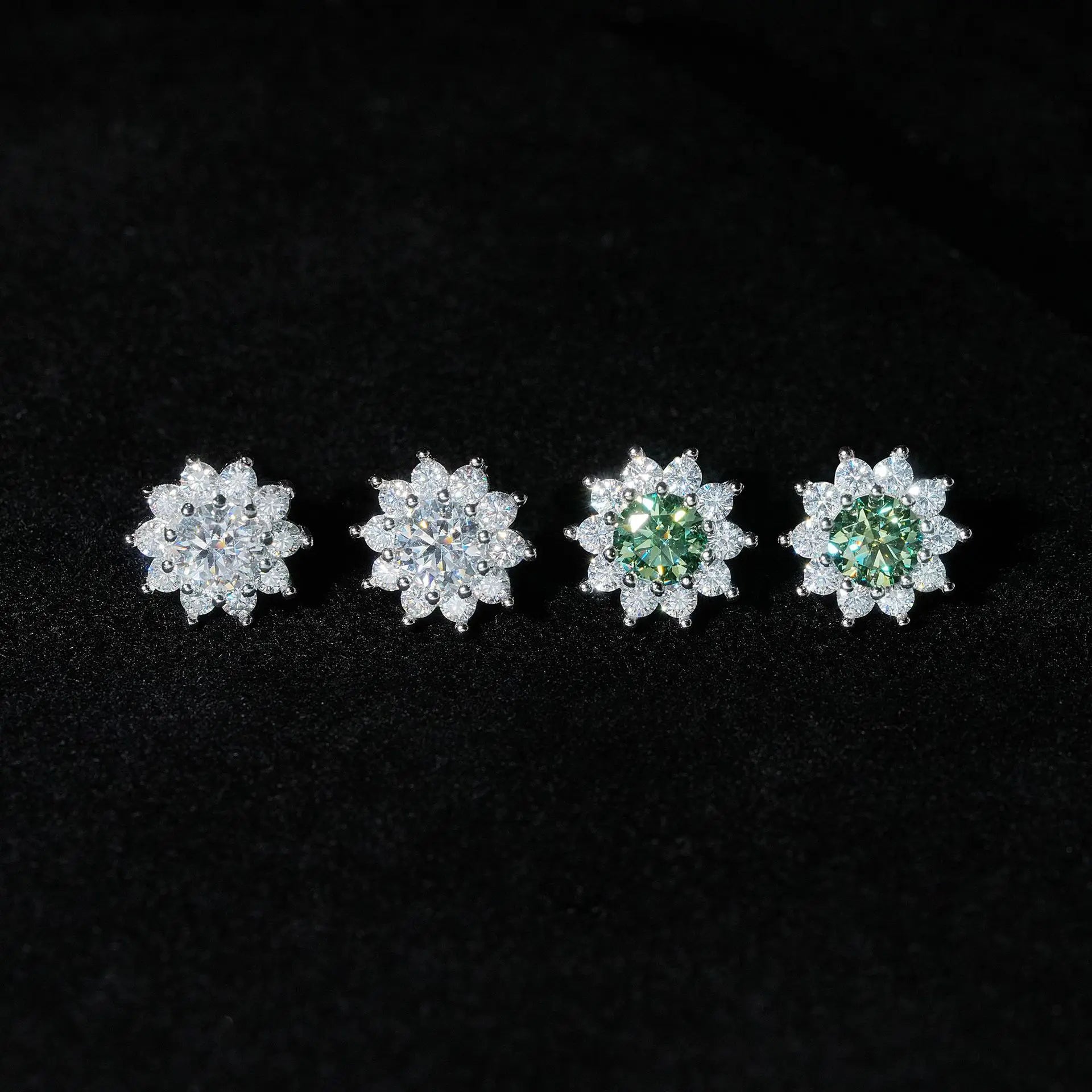 Aimgal GRA Certified 0.5ct Unique Cyan-Green Moissanite Stud Earrings Four Claw Sunflower Inlaid Design in S925 Silver