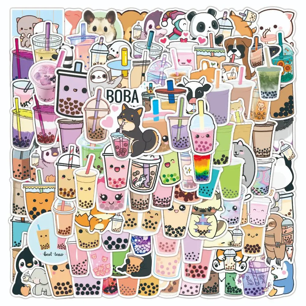 100Pcs Ins Cute Bubble Tea Boba Cartoon Decorative Stickers for Wall Notebook Phone Waterproof PVC Milk Tea Sticker Pack
