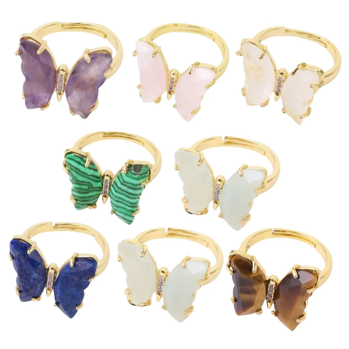 Wholesale Fashionable Summer Butterfly Shaped Stone Silver Gold Resizable Finger Ring for Women