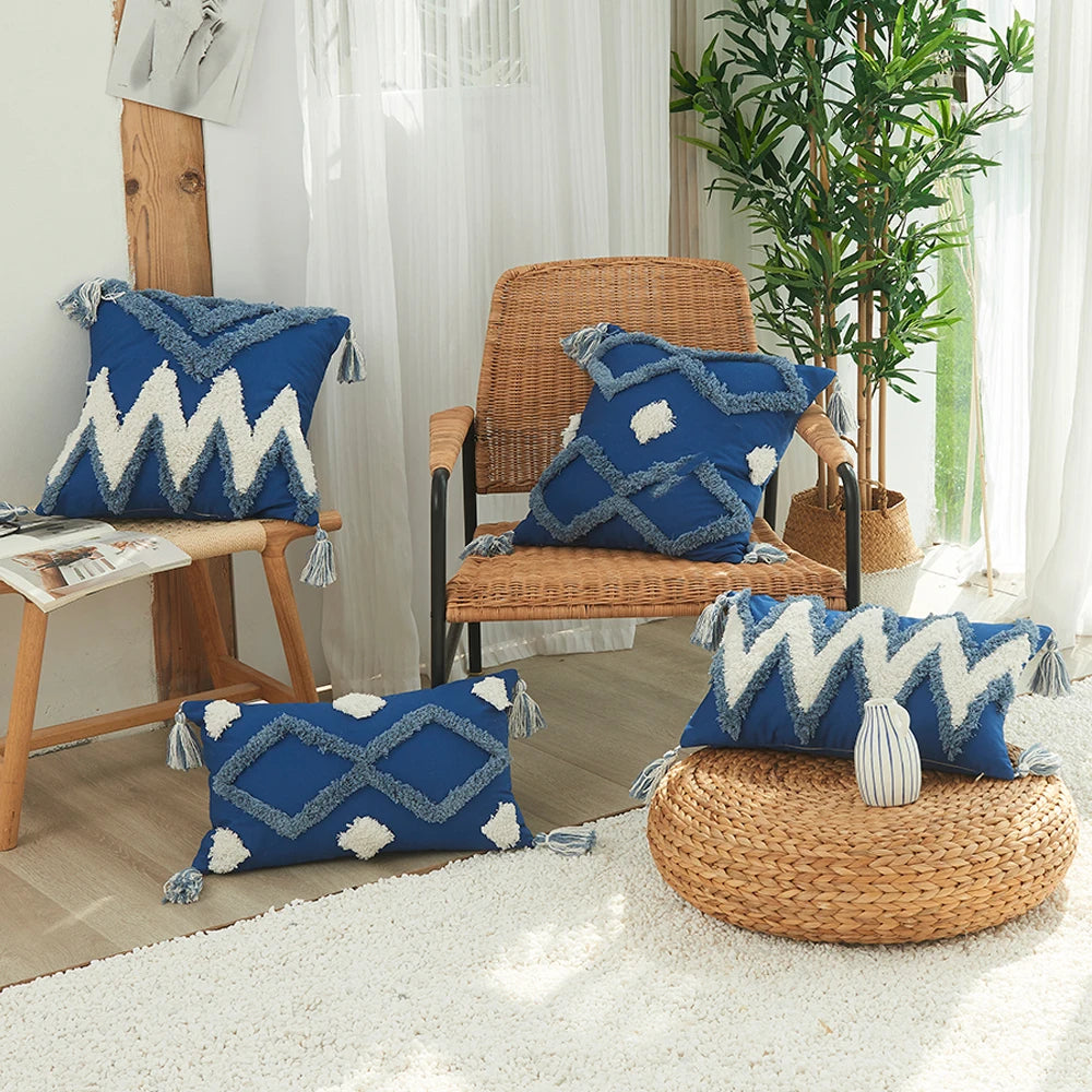 Blue Wave-breaking Geometric Tufted Pillow case With Fringed Sofa Cushion Cover