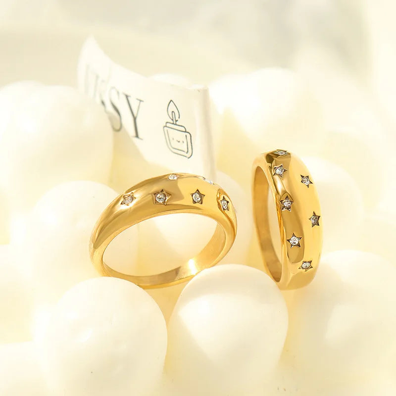 Wholesale Fashion Chunky No Fade Stainless Steel Crystal Croissant Band Vintage Ring Gold Plated Women Pave Zircon CZ Ring