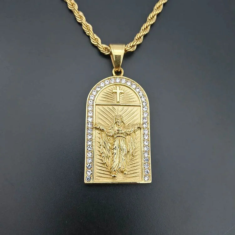 No Fade Gold Plated Jewelry Stainless Steel Religious Jewelry Jesus Cross Cz Pendant Necklace