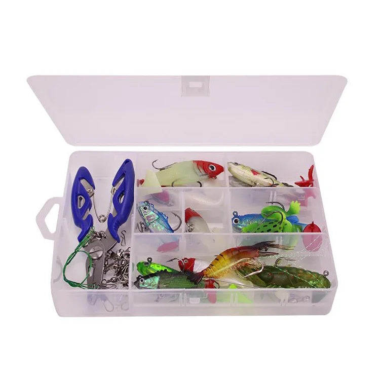 WEIHE 34Pcs Assorted Fishing Tackle Kits ABS Metal Copper Artificial Minnow Shrimp Frog Bait Topwater Baits Saltwater Freshwater