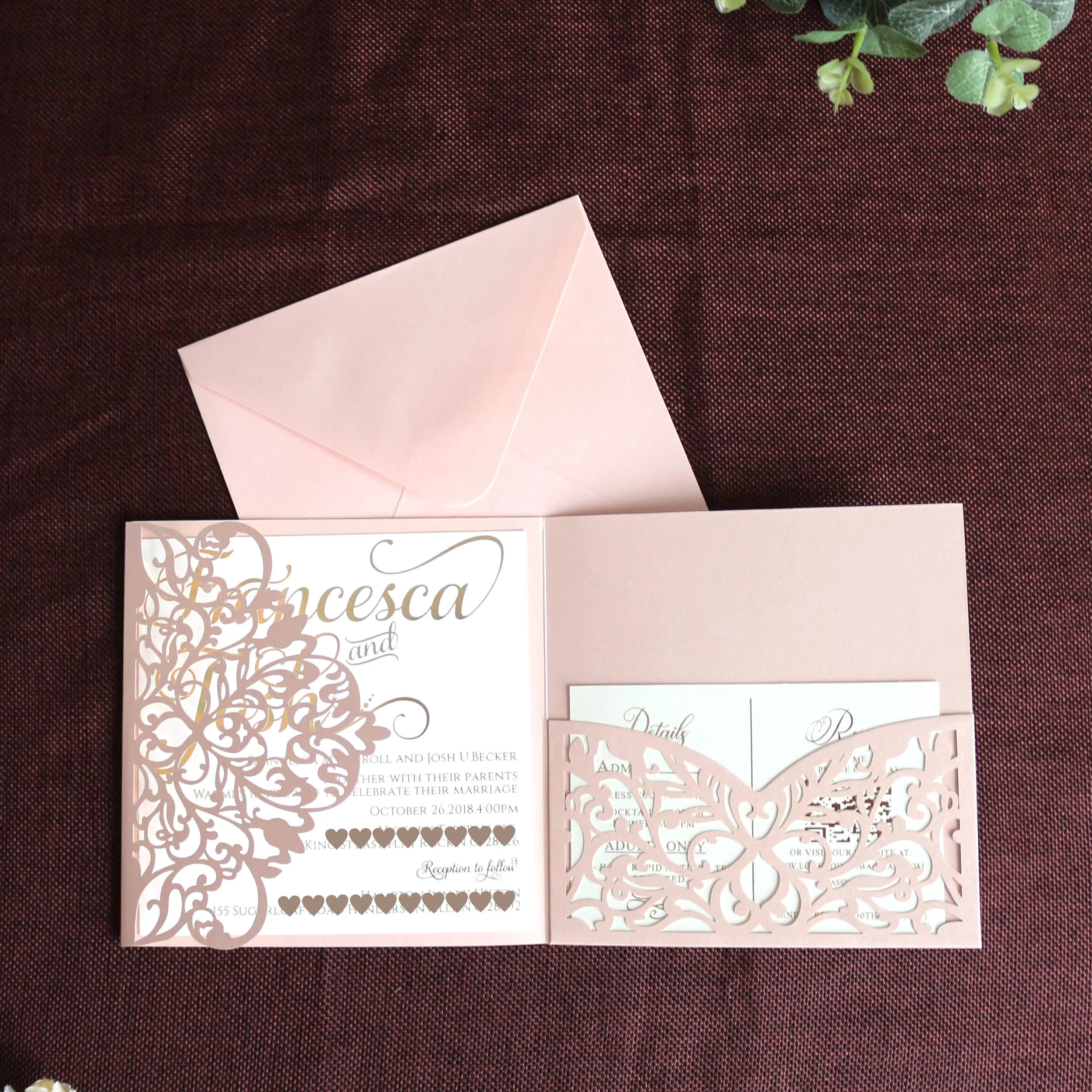 Cheap Trifold Wedding Invitation Card Pink Laser Cut Card With Envelope and Blank Insert Card