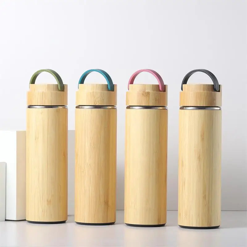 FX Factory Portable Sports Water Bottle With Bamboo Thermos Flask Vacuum Insulated Bottle With Handle Outdoor Business Gift