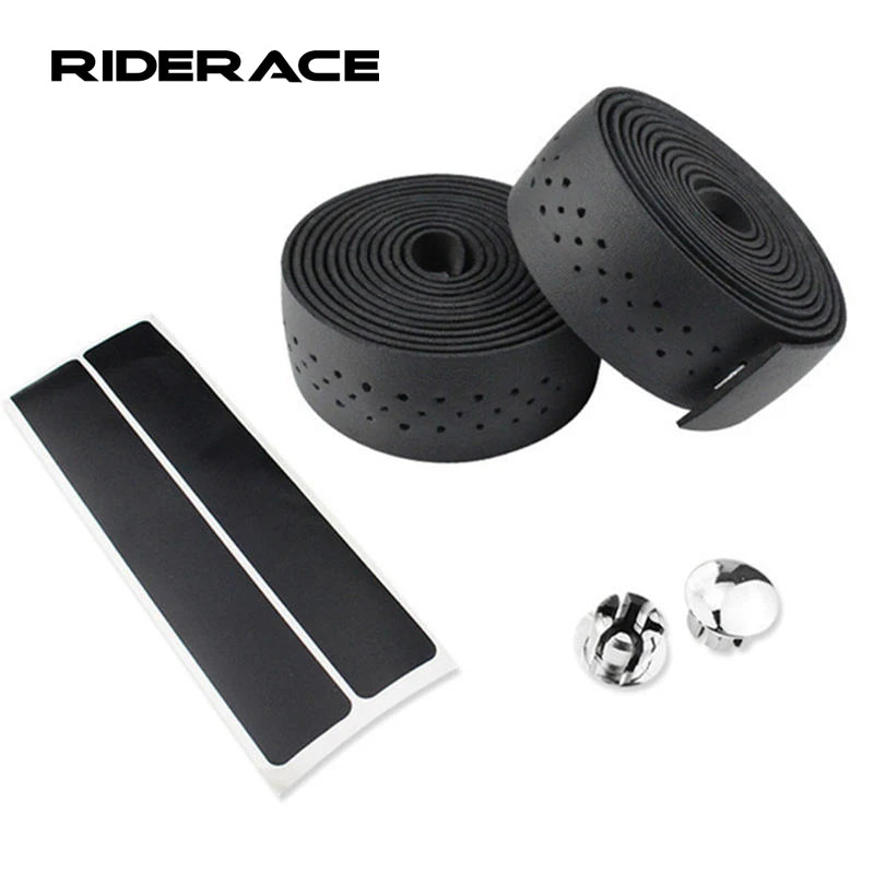 RIDERACE Bicycle Handlebar Tape MTB Mountain Road Bike Handle Bar Straps PU Leather Perforated Anti-Slip Wrap Belt With 2 Plugs