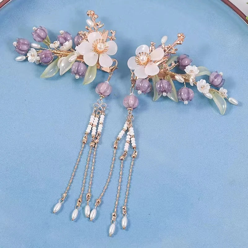 Handmade Retro Purple Lilac Hair Accessory Headdress for Girls Hanfu Accessories Tassel Pair Lady Hair Clip