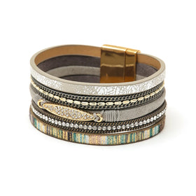 Fashion Vintage Boho Chic Multi-layer Alloy PU Glass Gold Plated Unisex Handwoven Magnetic Bracelet for Anniversary