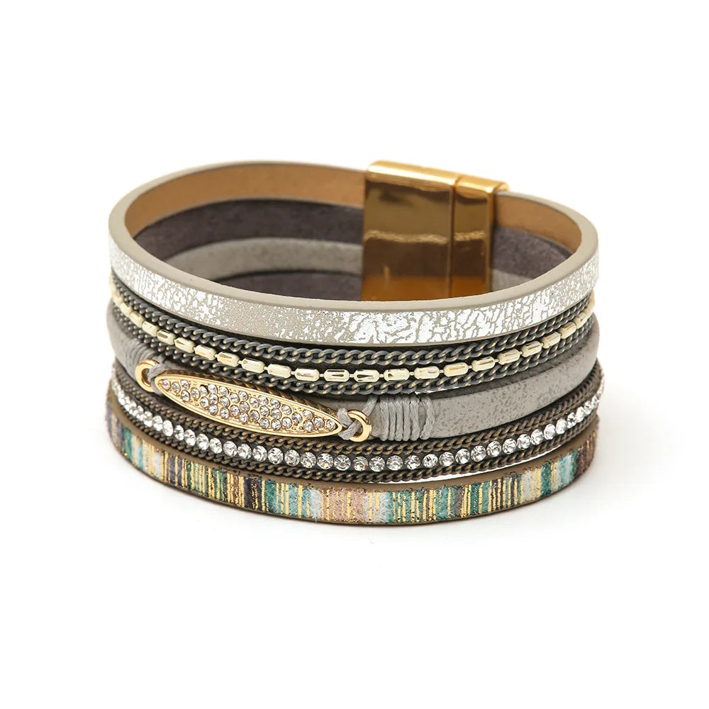 Fashion Vintage Boho Chic Multi-layer Alloy PU Glass Gold Plated Unisex Handwoven Magnetic Bracelet for Anniversary