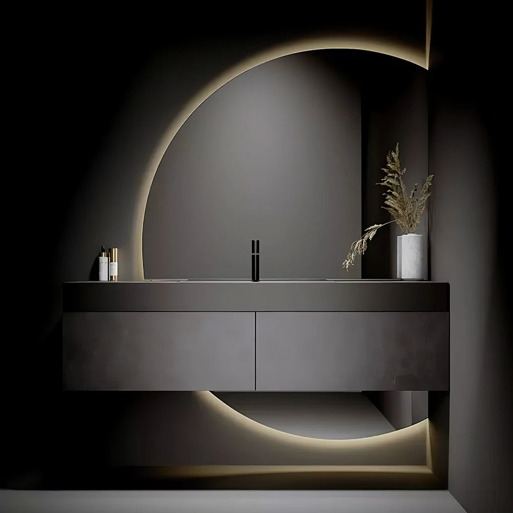 Rongchang Half Moon Irregular Decor Mirror Custom Luxury Large Makeup Hotel Bathroom Vanity Wall Mounted Led Smart Mirror