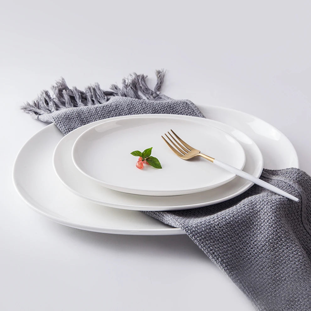 Shengjing Glossy White Ceramic Tableware Irregular Egg-Shaped Porcelain Plate High Low Dish for Restaurant & Hotel Use