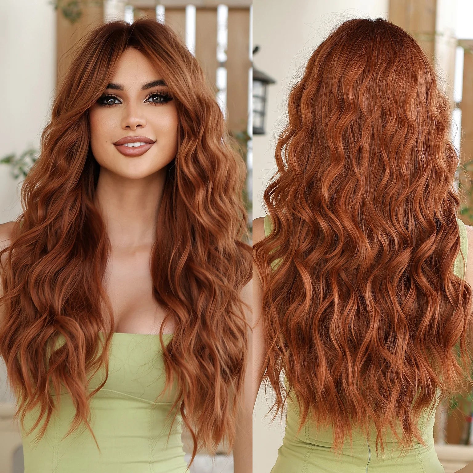 Red Brown Synthetic Long Curly Wavy Hair Wig for Women Light Ginger Auburn Natural Wave Wig with Bangs Heat Resistant Daily Use