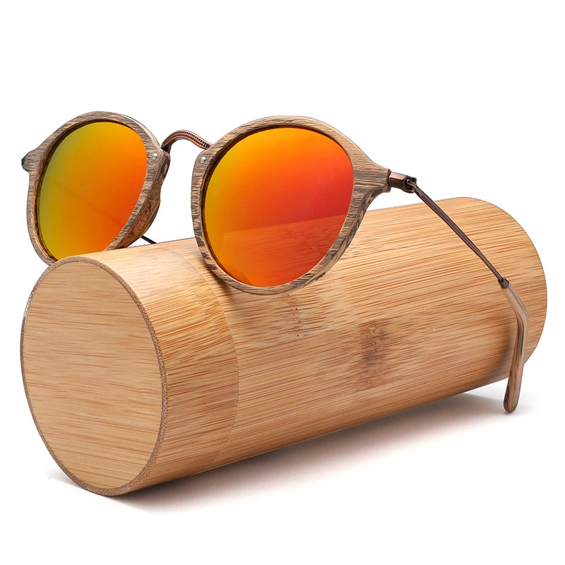 Designer Men and Women Retro Sunglasses Handmade Real Wooden Frame Polarized Round Steampunk Wood Shades in Blue Gold Red