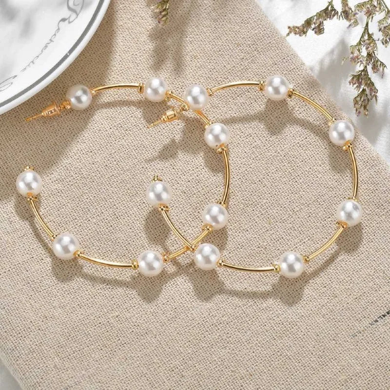 Hot Selling Exaggerated Large Circle Earrings Creative Retro Pearl Hoop Earrings for Female