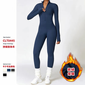 Winter Warm Plush Tight One Piece Bodysuit for Women Running Sports One Piece Jumpsuit Women's Front Zip Long Sleeve Jumpsuit