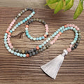 Natural Stone Amazonite Prayer Beaded Necklace Set Tassel Sweater Chain Male 108 Stone Beads Yoga Necklace for Women's Jewelry